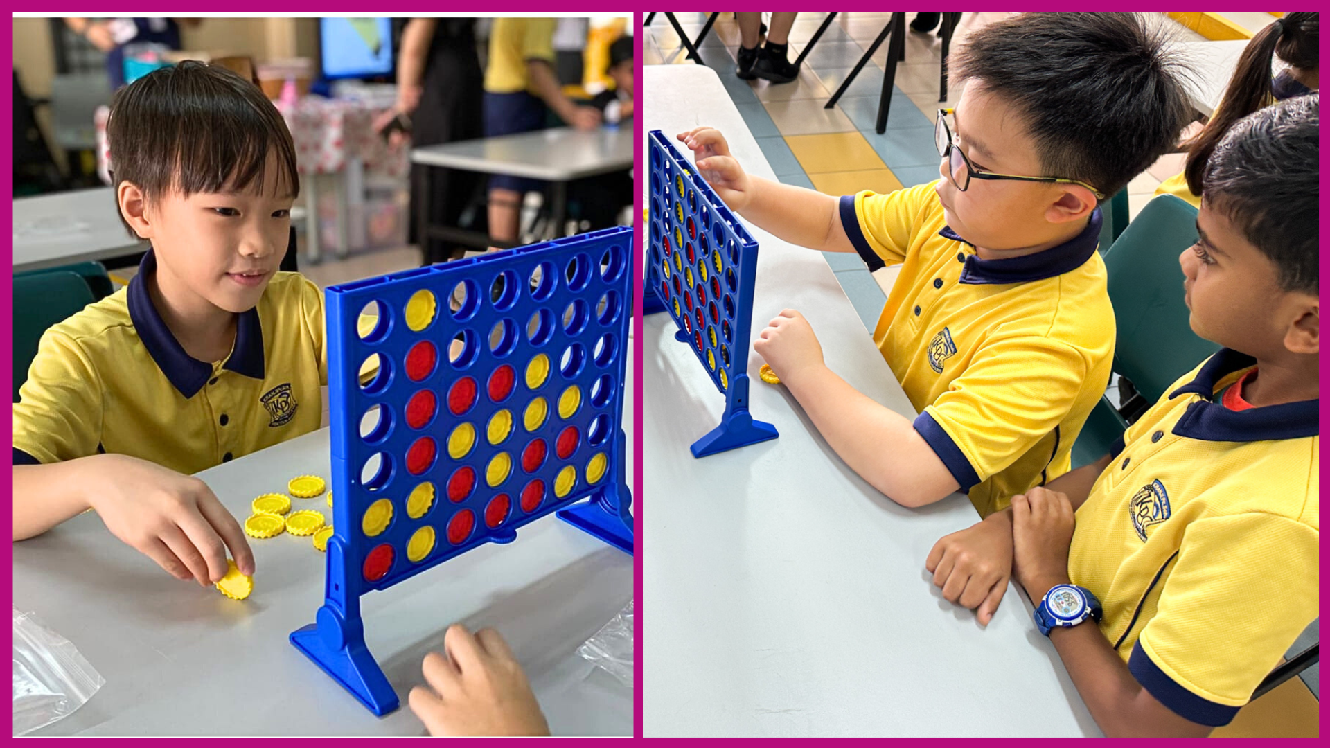 Two photos of children in yellow uniforms playing Connect Four with a blue grid and red and yellow discs.